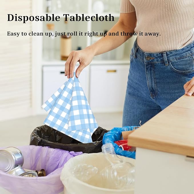 2 Pcs Light Blue Checkered Tablecloth 54 ×108 Inches Rectangle Blue Gingham Tablecloth Disposable Plastic Waterproof Table Cover for Outdoor Picnic, Kitchen, Holiday Birthday Party