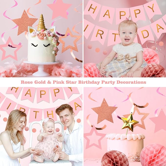 meowtastic Birthday Decorations, Happy Birthday Banner with Honeycomb Ball, Star Hanging Swirl Streamer, Circle Dot Garland, Happy Birthday Party Decoration for Women Men Boy Girls (Rose Gold & Pink)