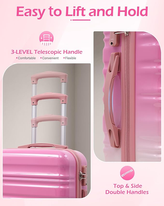 LONG VACATION Carry On Luggage Sets 3 Piece 20 Inch Suitcase Set, ABS+PC Hardshell Lightweight Travel Luggage with Spinner Wheels & YKK Zipper TSA Lock (Pink and White, 20 INCH)