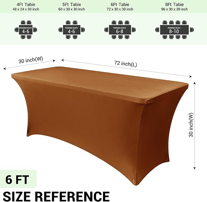 Obstal 6ft Stretch Spandex Table Cover for Standard Folding Tables - Universal Rectangular Fitted Tablecloth Protector for Wedding, Banquet and Party, 72L x 30W x 30H Inches, Light Coffee, 2pc