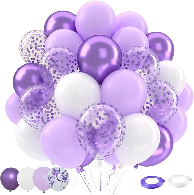 Patimate Lavender Purple Balloons Set, 50 pcs 12 inch Metallic Purple Lavender Lilac Confetti Latex Balloons Kit for Birthday Baby Shower Wedding Party Decorations