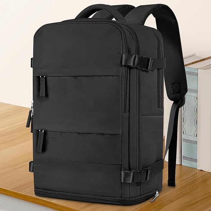 coowoz Large Travel Backpack For Women Men,Carry On Backpack Flight Approved,Hiking Backpack Waterproof Outdoor Sports Rucksack Casual Daypack Fit 15.6 Inch Laptop Shoes Compartment (Black)