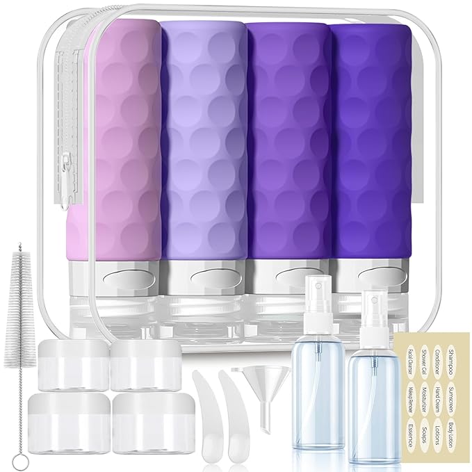Silevoler 16pack Travel Bottles for Toiletries, TSA Approved Travel Size Containers Set, Leak Proof Refillable Liquid & Creams Toiletries Accessories Kit W/Toiletry Bag (Purple)