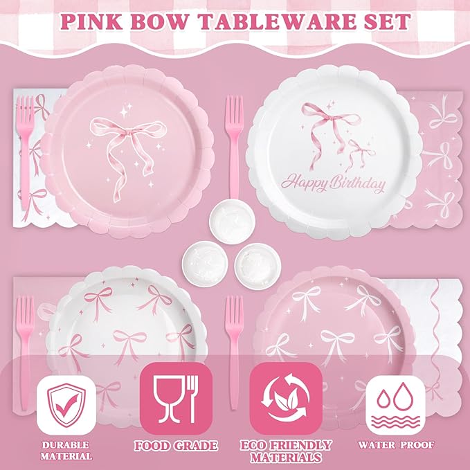 300 Pcs Pink Bow Plates, Cups, Napkins and Tableware Sets for Coquette Birthday Decorations, Party Supplies Include Straws, Pink Birthday Decorations Which Can Serve 50