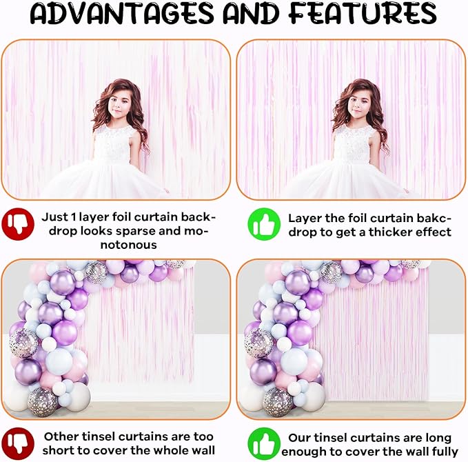 2 Pack Iridescent Tinsel Foil Fringe Curtains, Iridescent Party Decorations, Metallic Tinsel Party Streamers Backdrop for Mermaid Birthday Baby Shower Slumber Wedding Party Decorations