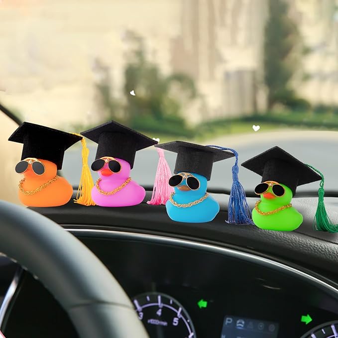 wonuu Car Dashboard Decor Graduation Hat Color Rubber Duck, Car Ducks Ornaments with Mini Graduation Hat Necklace Sunglasses (Orange)
