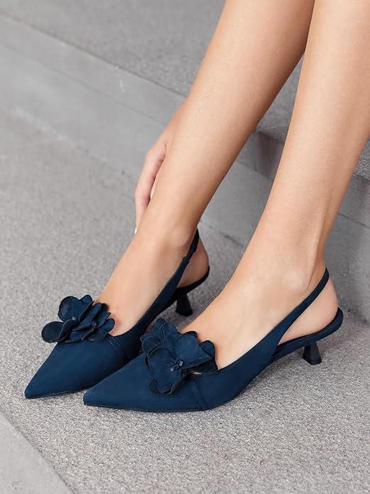 Coutgo Womens Slingback Kitten Heels Flower Closed Pointed Toe Pumps Wedding Party Dress Sandals Shoes