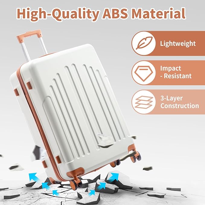 Karl home 24in Checked Luggage with TSA Lock, ABS Hardshell Check-in Suitcase with Spinner Wheels, Durable Medium Suitcase Rolling Luggage for Business Travel, White & Brown