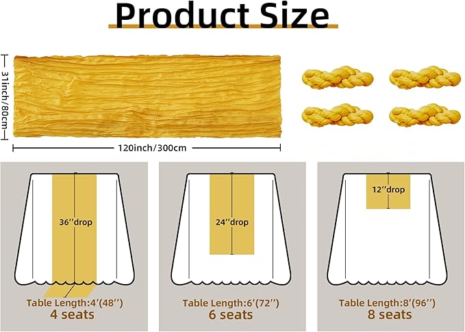 FEXIA 4 Pack Gold Table Runner 35x120 Inches for Summer Decor Baby Shower Decoration Gauze Rustic Table Runner for Wedding Party First Communion Centerpiece Engagement Bridal Shower Boho Decoration