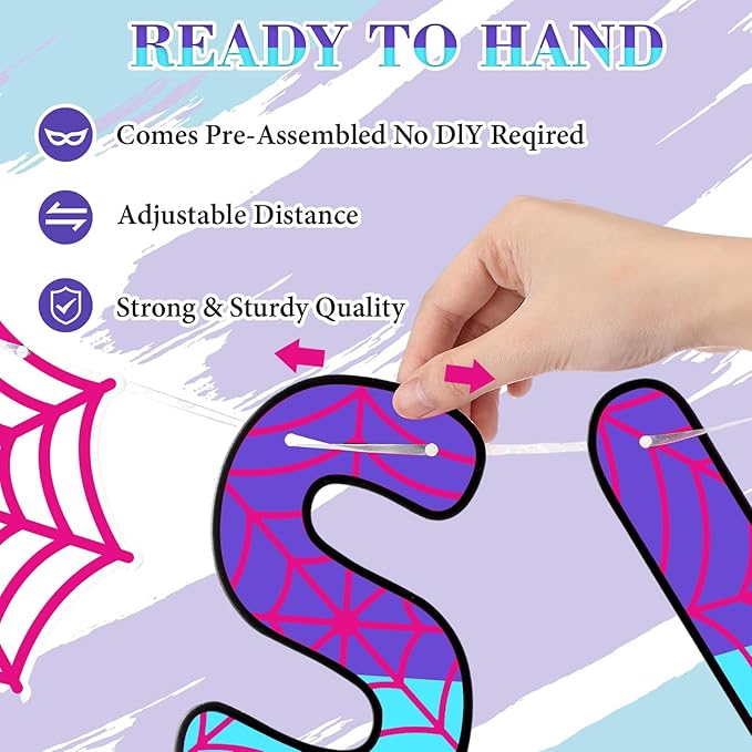 TaoBary Spider Theme 4th Birthday Banner, Pre-strung Swinging into 4 Banner, Spider 4th Birthday Decorations Party Supplies for Kids, Fourth Decor for 4 Year Old Boys Girls(Pink and Purple)