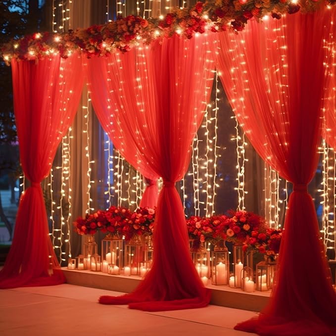 30ft x 10ft Red Backdrop Curtain with Lights String for Parties, Sheer Tulle Wedding Photo Backdrops Drapes for Baby Shower Birthday Party Decorations Background for Photography