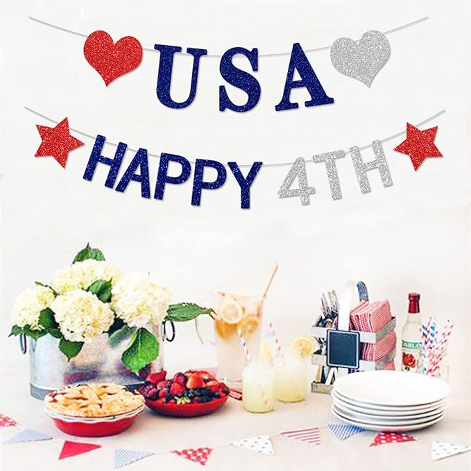Fourth-4th of July Imemorial-Day Party-Decorations - 8pcs Red White Blue Patriotic Banner Hanging USA Garland Streamers, Paper Tissue Pom Poms Flowers,America Independence Day Decor Lasting Surprise
