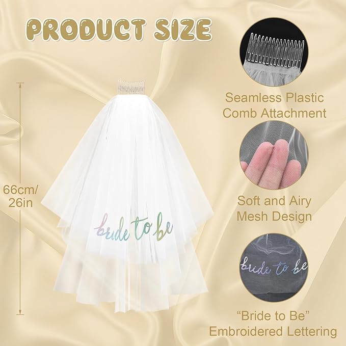 Iridescent Bride to Be Sash Veil for Bachelorette Party Decorations, 2 Pack Bride to Be Decorations Set for Women and Girls, Pastel Bridal Shower Gift, Last Disco, Wedding Engagement Gifts for bride