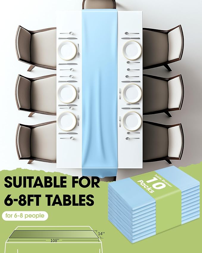 Pureegg Light Blue Plastic Table Runners - 10 Pack, 14'' x 108'', Water Resistant & Disposable Centerpiece Decorations for Table Cloth, Wedding, Birthday, Holiday, Baby Shower, Party, Home Decor