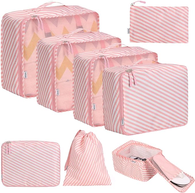BAGAIL 8 Set Packing Cubes Luggage Packing Organizers for Travel Accessories-White and Pink Stripe