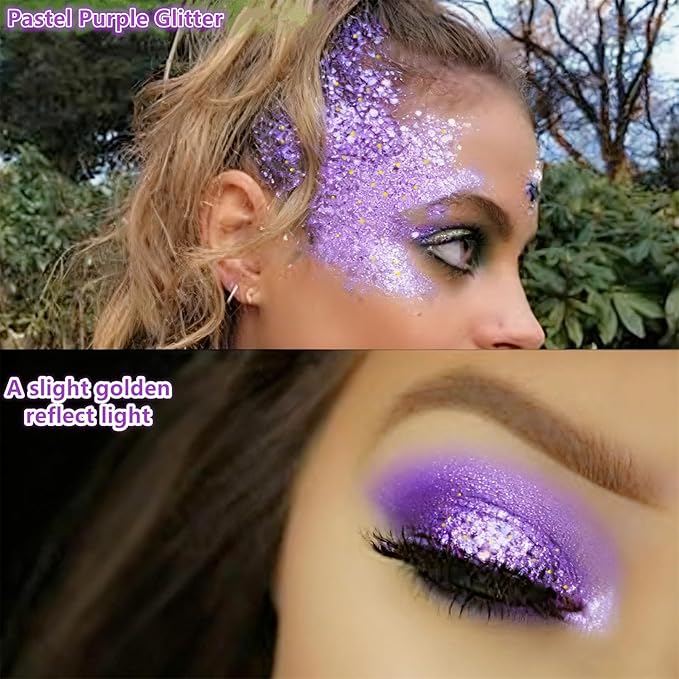 Go Ho Pastel Purple Face Body Glitter,Sparkly Face Glitter Makeup,Light Purple Face Paint Holographic Chunky Sequins Glitters for Eye Lip Hair Nails,Festival Rave Accessories