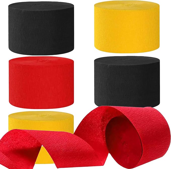 We Moment Black Red and Yellow Crepe Paper Streamers Party Streamer 1.8 Inch Widening 6 Rolls,Black Red Yellow Party Streamer 82 feet per roll for Birthday Party Decorations