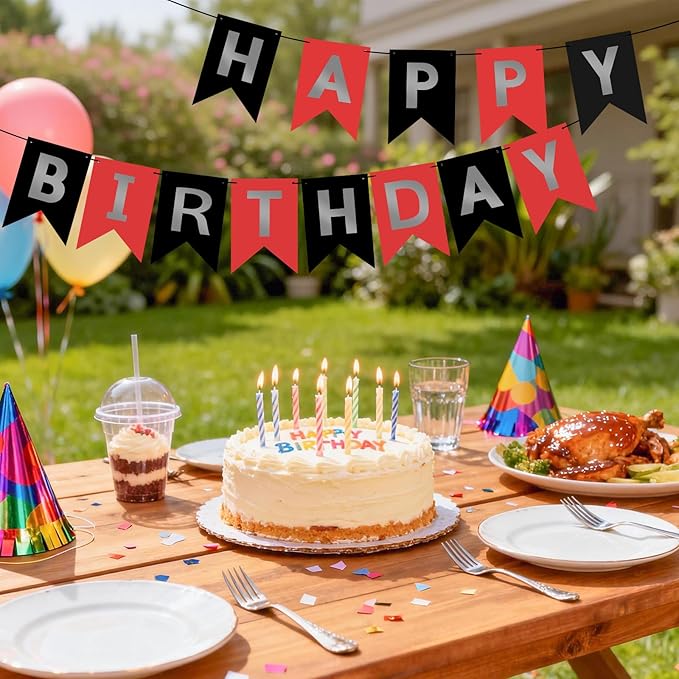 Hooqict Happy Birthday Banner Red Silver Black Happy Birthday Decorations for Kids Men Women Black Party Banner Decorations Supplies Wall Door Garland Sign Bunting Flag