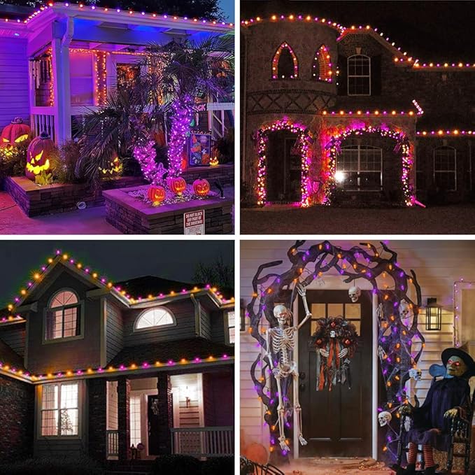 KAQ 2PK 100LED Orange and Purple C9 Halloween Lights Waterproof Indoor Outdoor, Extendable 98FT String Lights Plug in with 13 Lighting Modes, Halloween Decorations for Party Patio, Outside Yard Decor