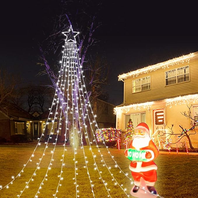 Christmas Decoration Lights, Outdoor Christmas String Lights 320 LED 11.5 Ft Waterfall Tree Light with Big Star Topper 8 Light Modes for Xmas New Year Holiday Garden Yard Indoor Outdoor Decor