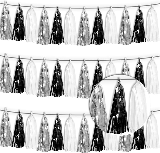 3P Black Silver White Metallic Fringe Tassel Banner Garland Foil Tinsel Streamer Wall Hanging Curtain Backdrop Banner for Parade Floats, Graduation Decorations, Halloween, Christmas Decorations