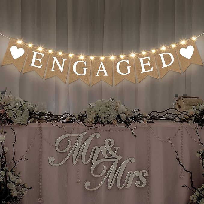 Engagement Party Decorations Engaged Banner Heart Burlap Rustic Bunting Garland LED Fairy Lights Battery Operated String Lights for Congratulations Engaged Party Outdoor Tree Decorations Wedding