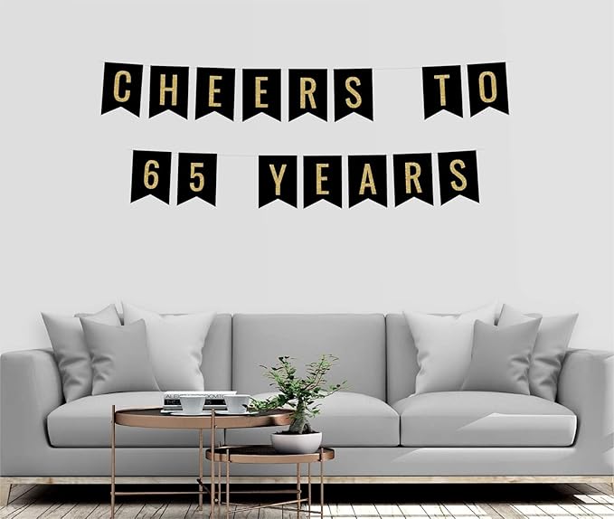 Andaz Press Faux Gold Glitter on Black Birthday Party Banner Decorations, Cheers to 65 Years, Approx 5-Feet, 1-Set, 65th Birthday Milestone Colored Hanging Pennant Decor