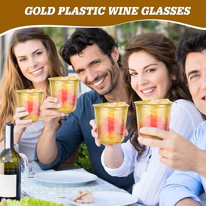 KesaPlan 100 Pcs Gold Plastic Cups, 12oz Disposable Stemless Wine Glasses for Cocktail Cute Clear Cocktail Wine Glasses Gold Party Cups for Meeting Wedding Graduation Holiday Party