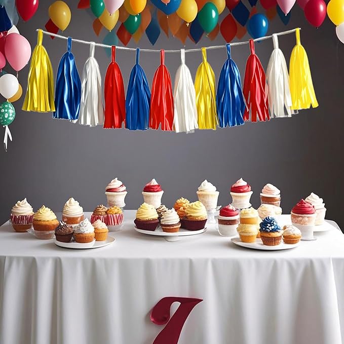 Tissue Paper Tassel Garland Banner, 20 Pack, Red Blue Yellow White, Party Decorations for Birthday, Baby Shower