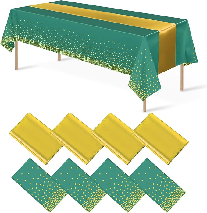 8Pack Disposable Plastic Party Tablecloths and Satin Table Runner Set Green and Gold Dot Table Cloth Gold Satin Table Runner for Wedding Birthday Baby Shower Anniversary Holiday Party Decorations