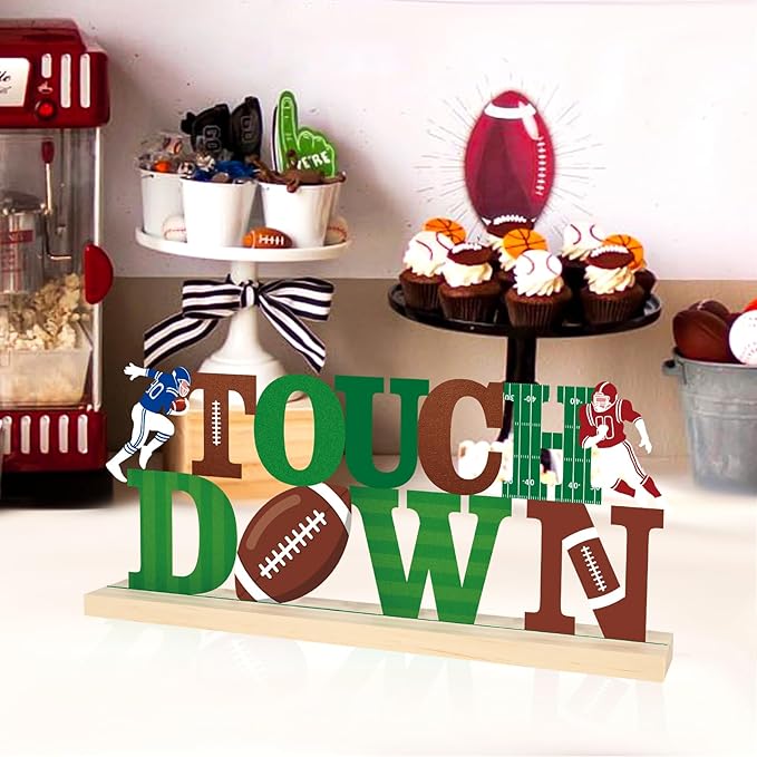COCHIE Metal Football Touchdown Sign, Green Super Football Bowl Game Tailgate Party Decorations for Home, Office, Shelf, Mantel, Indoor, Touch Down Table Toppers Decor (Superbowl)