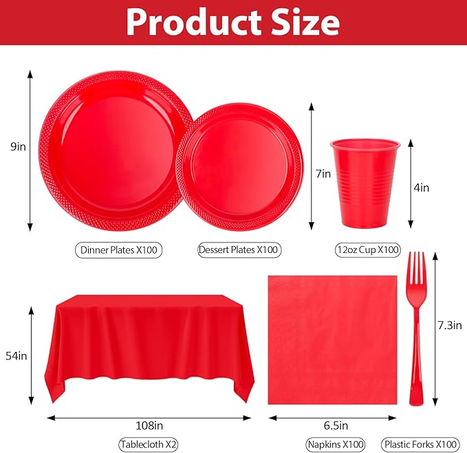 Red Plastic Dinnerware Set for Party, Disposable Plates for 100 Guests, 9" Dinner Plates & 7" Dessert Plates,Cups,Napkins,Forks,Plastic Plate Set for Birthday,BBQ,Christmas