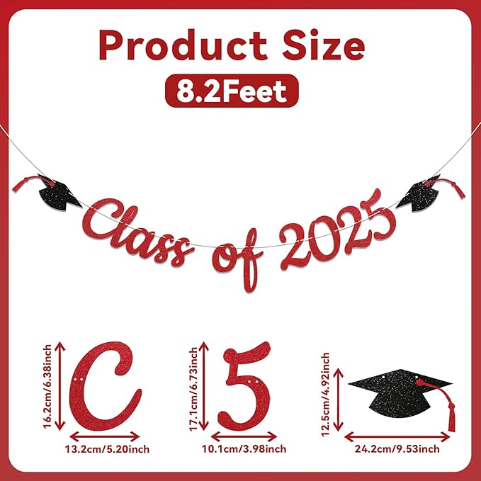Pre-Strung Class of 2025 Banner, Graduation Party Decorations, Congratulations Grad Party Banner, High School College Graduation Classroom Celebrations (Red)