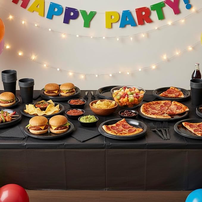 Black Plastic Plates for Party,100 Guest - 7&9inch Plates,Napkins,Forks,Cups & Tablecloths,Disposable Party Supplies for for Birthday,Halloween,Christmas Parties, Graduations