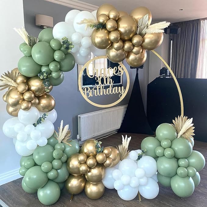 137PCS Sage Green Balloon Garland Arch Kit White Gold Confetti Balloons Retro Green Balloon and Gold Metallic Chrome Latex Balloons for Wedding Birthday Baby Shower Decorations