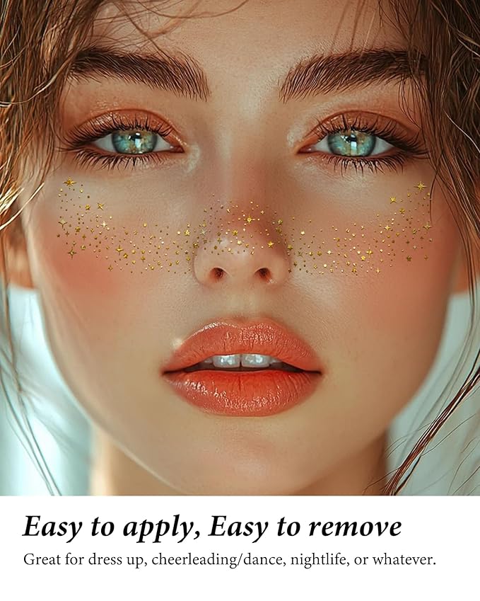 Glitter Freckles, Gold Temporary Face Tattoos Stickers, Body Face Glitter for Women Girls, Country Concerts Singer Festival Rave Accessories (Gold - 10 pcs)