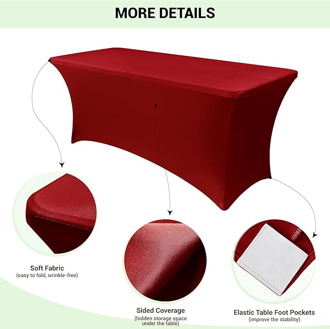 Obstal 6ft Stretch Spandex Red Table Cover for Standard Folding Tables - 2 Pack Universal Rectangular Fitted Tablecloth Protector for Holiday Party, 72L x 30W x 30H Inches, Christmas, 2pc