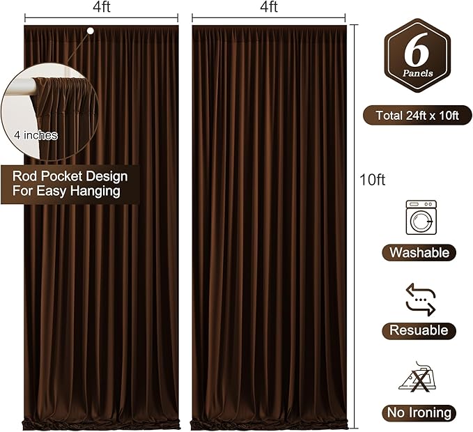 Dark Brown Backdrop Curtains-Wrinkle-Free Polyester Photography Drapes Party Curtain Background for Baby Shower Wedding Decorations- 24 X10FT