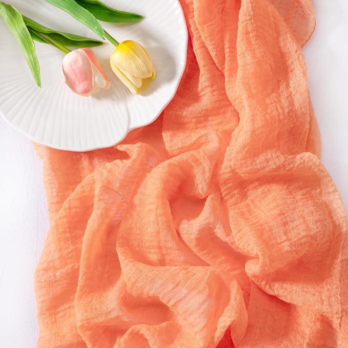 Socomi 3pcs Peach Orange Easter Spring Gauze Cheesecloth Table Runner 120 Inch Rustic Boho Cheese Cloth Runner for Wedding Party Baby Bridal Shower Centerpiece Decoration Holiday Home Decorations