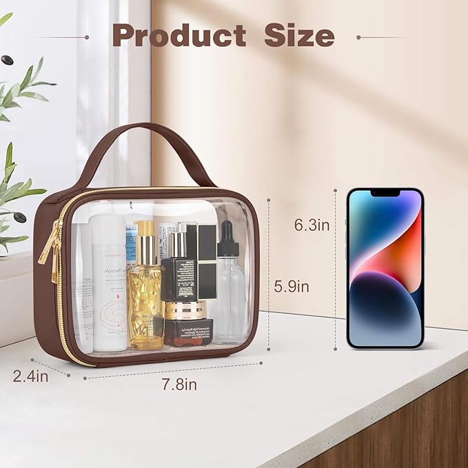 Wedama TSA Approved Toiletry Bag, 3 Pack Clear Makeup Bags with Handles, Quart Size PVC Clear Cosmetic Bags for Women and Men, Carry on Airport Airline Compliant Bag, Brown