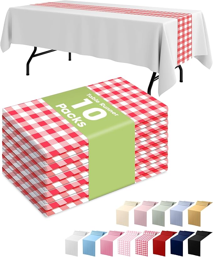 Pureegg Gingham Plastic Table Runners - 10 Pack, 14'' x 108'', Water Resistant & Disposable Plaid Centerpiece Decorations for Table Cloth, Birthday, Holiday, Party, Red and White Checkered Home Decor