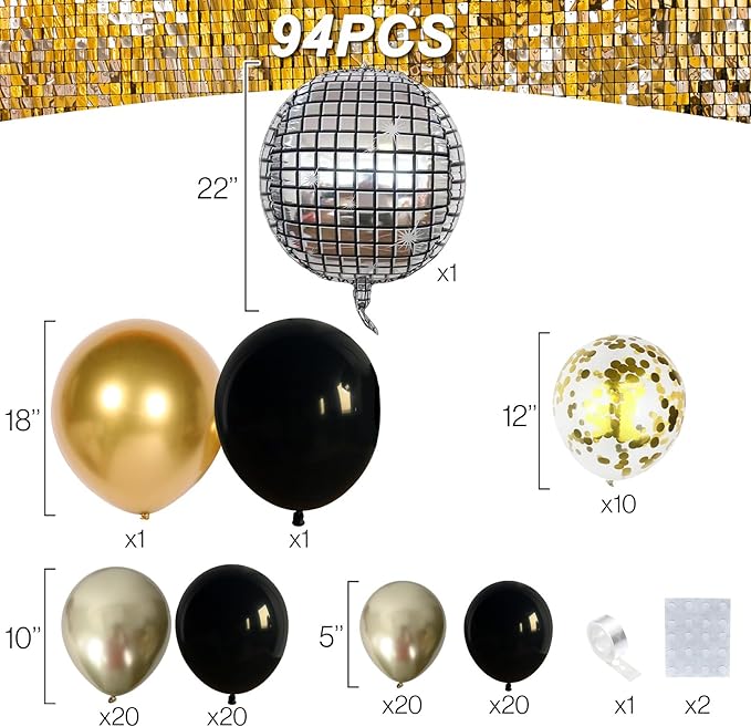Black and Gold Balloons Garland Arch Kit, 18 12 10 5 Inch Black Metallic Gold Balloon Arch Kit, Champagne Gold Party Decorations with 4D Disco Balloon for Graduation Birthday Retirement New Year