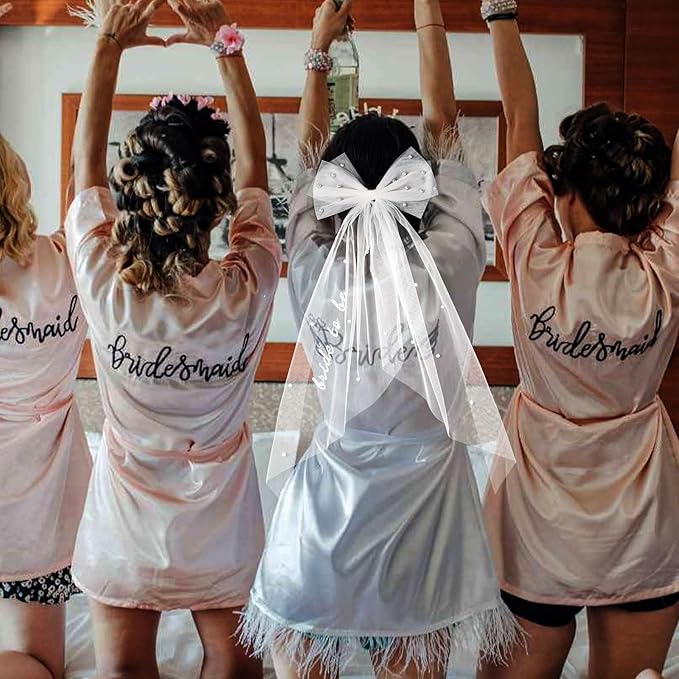 Bride to Be Embroidered Hair Bow Veil for Bachelorette Party Bridal Shower Tulle Pearl 2 Tier Bow Veil Engagement Accessory Bride Gift Velos De Novia (Style A)