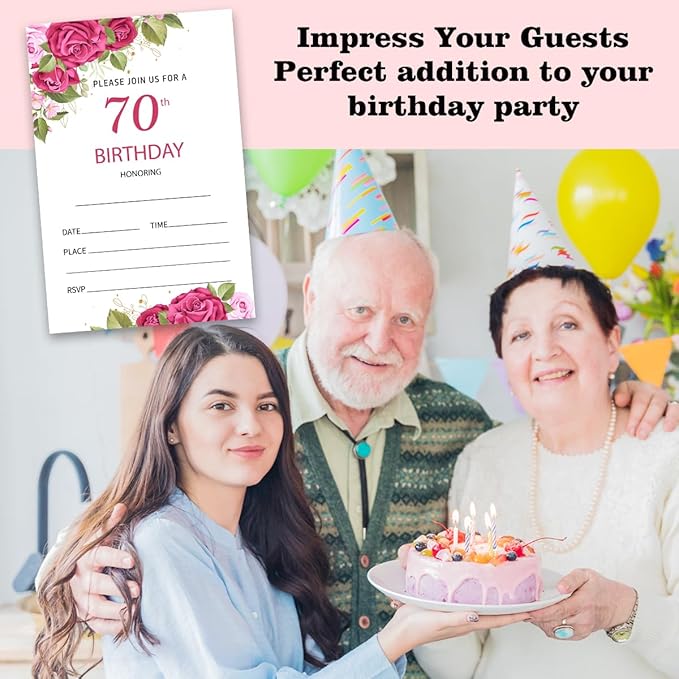 70th Rose Floral Birthday Invitation Cards for Women Men, 70 Years Old Birthday Invites for Adult, Party Supplies Favors, 20 Cards With 20 Envelopes -09