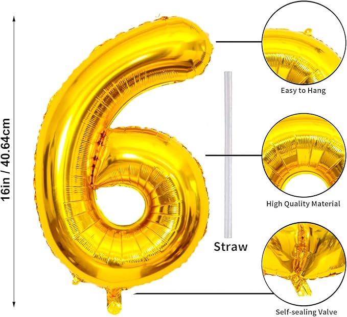 16 In Gold Large Numbers Balloons 0-9, Self Inflating Number 6 Balloons for Boys Girls, Big Gold Digit 6 Balloons for Women Men Birthday Party Anniversary Wedding Supplies Decorations