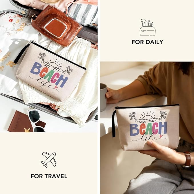 Beach Necessities Sunscreen Bags for Beach Makeup Bag Funny Vacation Gift beach Lover Gifts for Women Funny Ocean beach Themed Cosmetic Bag