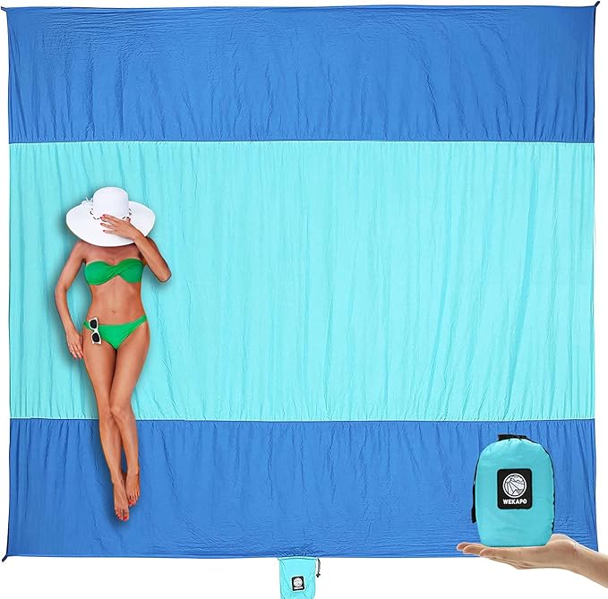WEKAPO Beach Blanket Sandproof Waterproof, Extra Large Beach Mat, Oversized & Compact Sand Free, Quick Drying Beach Essentials for Vacation, Cruise, Picnic & Camping with Stakes