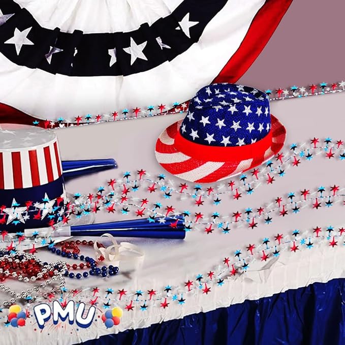 PMU 150 Ft Patriotic Star Garlands with Wire, Shiny Metallic Garland for 4th of July, National Day, Independence Day, Red, White and Blue (6pc-25Ft Each)