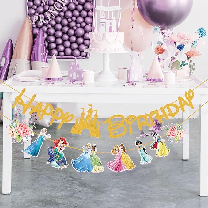Gold Princess Birthday Banner for Girls, Princess Birthday Party Decoration For Girls Kids Party Baby Shower Decorations