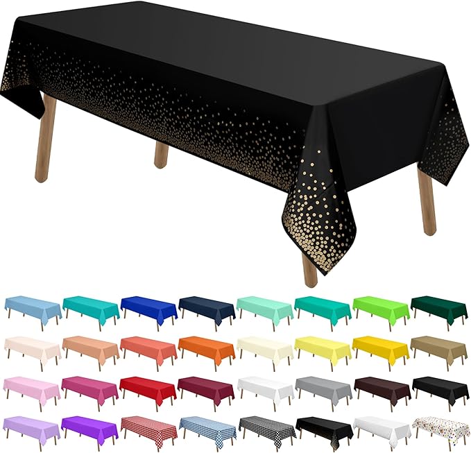 PARTY ULYJA Gold Polka Dots Confetti Plastic Tablecloths 2 Pack Black Disposable Table Covers Thanksgiving 54 x 108 Inch Table Cloths for Picnic Birthday Wedding Parties 8 Foot Rectangle Table